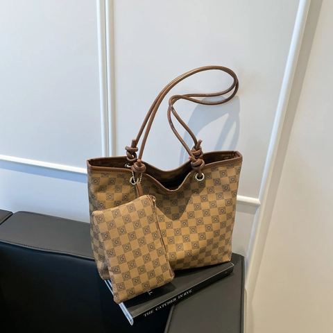 Ensemble de Sac Fourre-Tout Damier Vintage en Cuir PU Grande Capacité Sac à Épaule Avec Pochette Minimaliste Urbain Femme