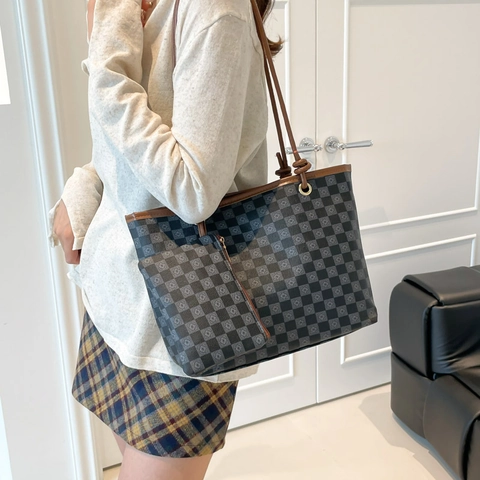 Damen Vintage Karomuster Tote Bag Set Große Kapazität PU Leder Schultertasche Mit Passendem Beutel Handtasche Für Den Täglichen Weg