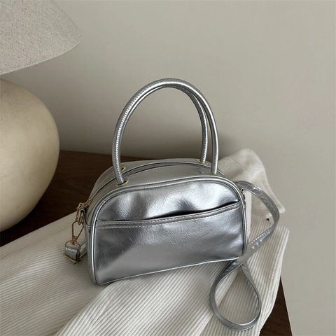 Women Chic PU Leather Boston Shoulder Bag Fashion Glossy Solid Color Crossbody Pillow Bag With Double Handles And Detachable Strap
