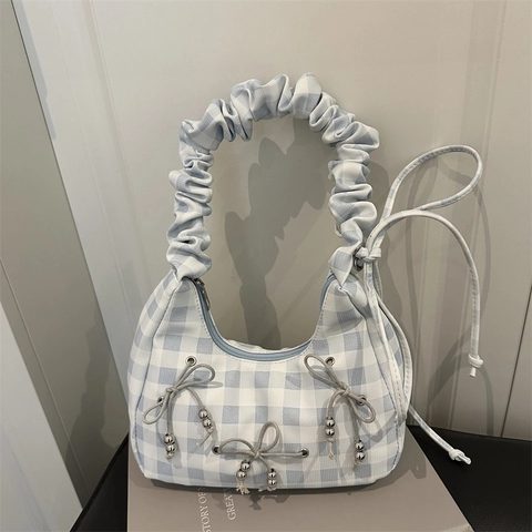 Gingham Ruit Schoudertas Voor Dames Met Geplooid Handvat Strik Kralen Decor Wolk Geplooid Onderarm Casual Crossbody Tas