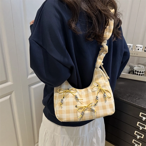 Gingham Ruit Schoudertas Voor Dames Met Geplooid Handvat Strik Kralen Decor Wolk Geplooid Onderarm Casual Crossbody Tas