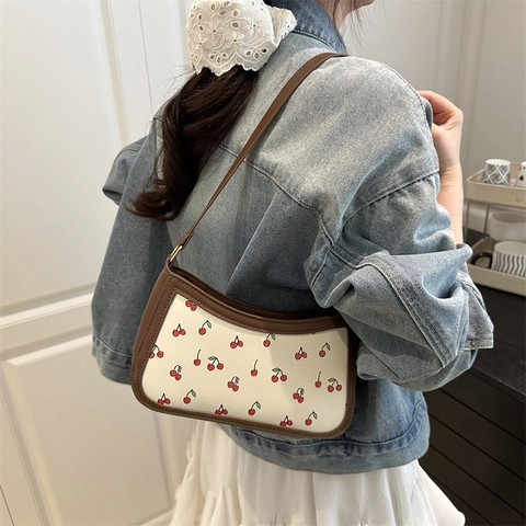 Damen Kirschdruck PU Leder Unterarmtasche Lässig Mode Schultertasche Große Kapazität Sommer Handtasche Stilvolle Süße Alltagstasche
