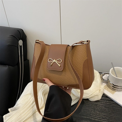 Bolso de Axila Baguette Elegante para Mujer Cuero PU Textura Tejida Gran Capacidad Hebilla de Lazo Bolso de Hombro Casual Moda