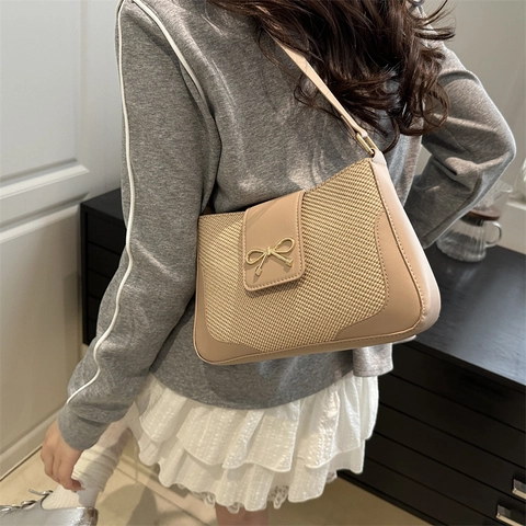 Bolso de Axila Baguette Elegante para Mujer Cuero PU Textura Tejida Gran Capacidad Hebilla de Lazo Bolso de Hombro Casual Moda