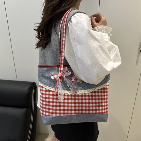 Bolso Tote de Patchwork de Denim a Cuadros de Estilo Pastoral Con Lazo de Encaje Decoración de Cereza Bolso de Hombro para Mujer