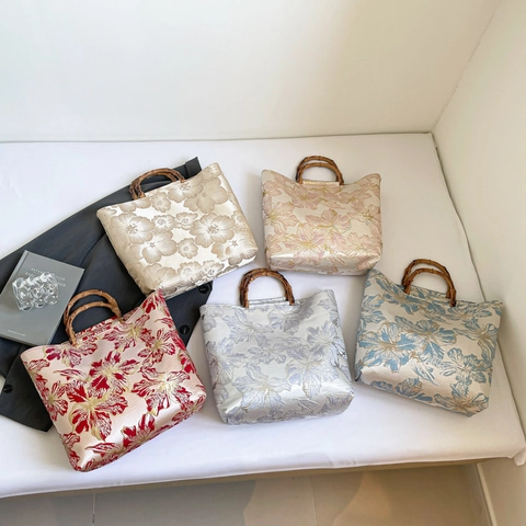 Borsa da Donna Vintage Jacquard Floreale con Manico in Bambù Naturale Grande Capacità Retro in Tessuto Tote Bag Elegante