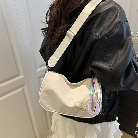 Women Nylon Underarm Shoulder Bag Niche Crescent Crossbody Bag Casual Streetwear Embroidery Heart Letter Handbag For Daily