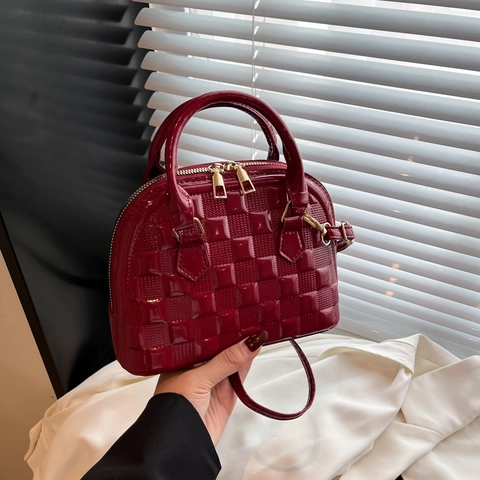 Bolso de Mano de Cuero PU para Mujer con Relieve de Cuadrícula Acabado Barnizado Bolso de Hombro con Asa Superior Moda