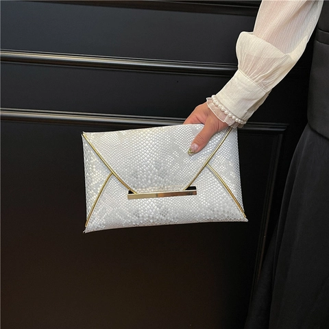 Vintage PU Leder Schlangenmuster Umschlag Clutch Tasche Für Damen Mode Gold Metall Rand Abend Party Pendler Handtasche
