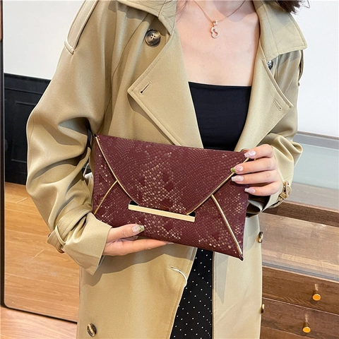 Vintage PU Leder Schlangenmuster Umschlag Clutch Tasche Für Damen Mode Gold Metall Rand Abend Party Pendler Handtasche