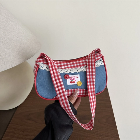 Retro Segeltuch Denim Patchwork Kariert Umhängetasche Mit Kirsch Spitze Y2K Stil Damen Lässig Handtasche Achseltasche