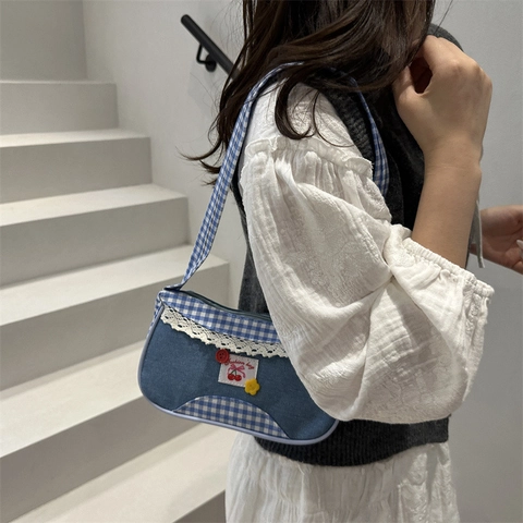 Retro Segeltuch Denim Patchwork Kariert Umhängetasche Mit Kirsch Spitze Y2K Stil Damen Lässig Handtasche Achseltasche