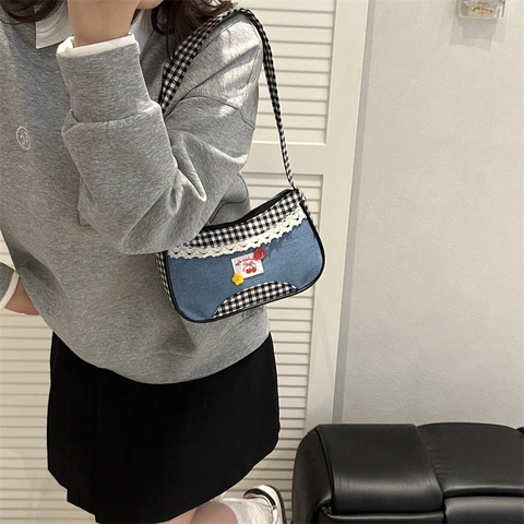 Borsa da Donna Sottobraccio in Denim e Plaid Patchwork Vintage Dolce Ciliegia Pizzo Borsa a Tracolla Casual Grande Capacità