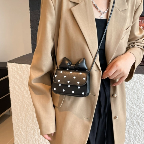 Damen Fashion Polka Dot Schleife Mini Quadratische Schultertasche Süße PU Leder Umhängetasche Kleine Elegante Handtasche
