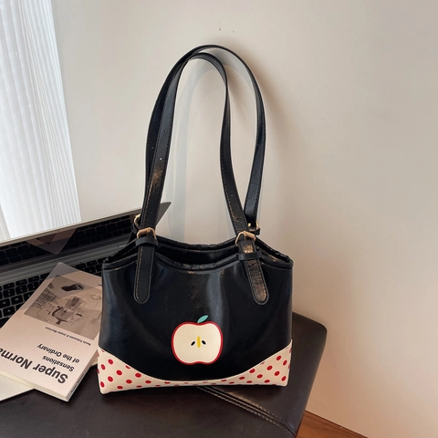 Dames Schattige Appel Patroon Stippen Tote Bag Zomer Casual PU Leer Grote Capaciteit Schoudertas Trendy Woon-werkverkeer Handtas