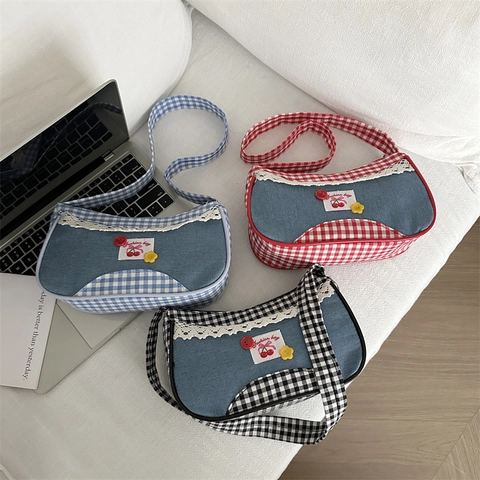 Vintage Denim Gingham Splicing Onderarmtas Voor Dames Kantrand Kers Patch Schoudertas Kleine Retro Tote Handtas