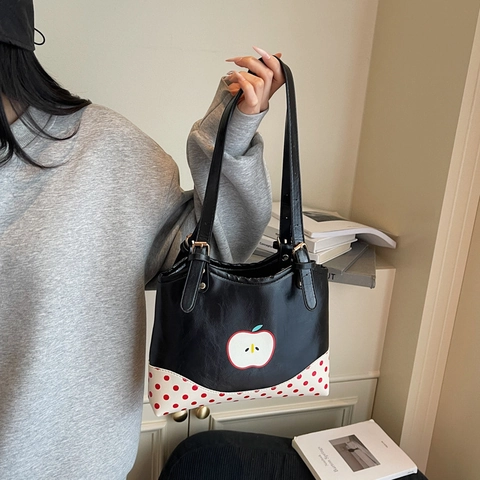 Dames Schattige Appel Patroon Stippen Tote Bag Zomer Casual PU Leer Grote Capaciteit Schoudertas Trendy Woon-werkverkeer Handtas