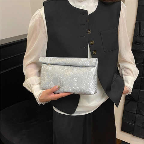 Borsa Clutch da Donna in Pelle PU con Motivo Serpentino Vintage Borsa a Tracolla a Busta alla Moda Grande Capacità per Festa