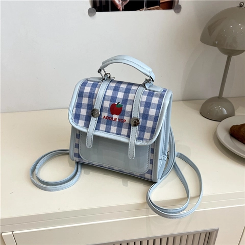 Zainetto Mini da Donna Gingham in Pelle PU a Scacchi Con Ricamo di Mela Rossa Borsa a Mano per Scuola Viaggio Spalla