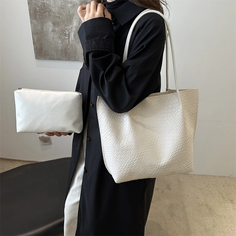 Juego de Bolsos Tote Tejidos para Mujer Dos Piezas Bolso de Hombro de Cuero PU Gran Capacidad Color Sólido Minimalista