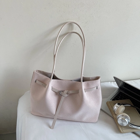 Damen Große Kapazität PU Leder Tote Bag Minimalistische Webtextur Schulterhandtasche Mit Dekorativer Schnalle Urban Casual Alltag Tasche