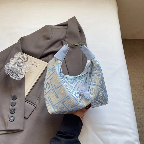 Dames Etnisch Jacquard Schoudertas Vintage Bloemenpatroon Onderarmtas Grote Capaciteit Nylon Handtas Met Kralendecoratie