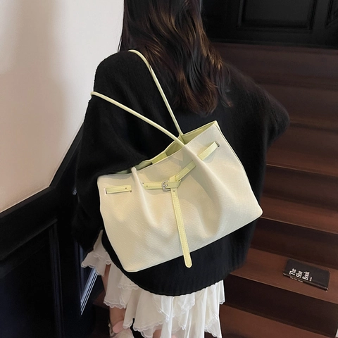 Damen Große Kapazität PU Leder Tote Bag Minimalistische Webtextur Schulterhandtasche Mit Dekorativer Schnalle Urban Casual Alltag Tasche