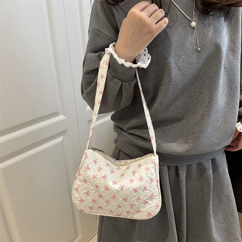 Bolso de Hombro de Axila con Estampado de Lazo Estilo Coreano para Mujer Moda Verano Gran Capacidad Bolso Hobo Plisado de Nailon