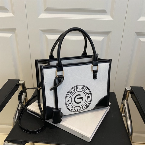 Vintage Canvas Splicing Tote Bag Grote Capaciteit Letteropdruk Handtas Met Schouderriem Contrastkleur Dagelijkse Schoudertas