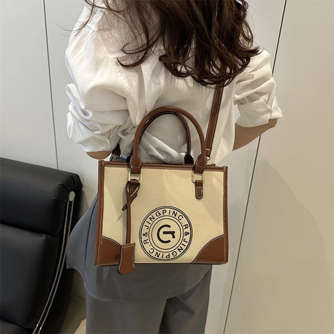 Vintage Canvas Splicing Tote Bag Grote Capaciteit Letteropdruk Handtas Met Schouderriem Contrastkleur Dagelijkse Schoudertas