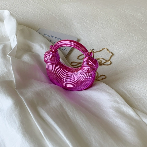 Borsa da Sera Mini Mezzaluna Metallica da Donna Acrilico Texture a Spirale Manico Tondo Nodo Catena Tracolla Mano