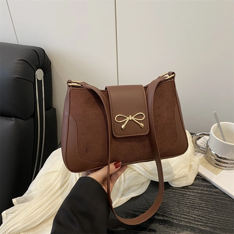 Damen Mode PU Leder Spleiß Schultertasche Große Kapazität Schleife Baguette Unterarm Umhängetasche Handtasche Tägliche Tasche