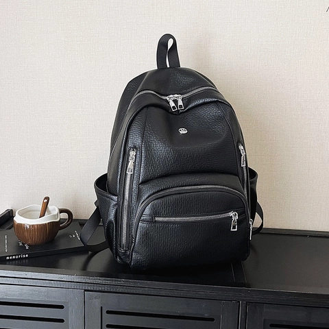 Women Fashion PU Leather Backpack Large Capacity Waterproof Lychee Texture Solid Color Casual Travel School Bag For Students