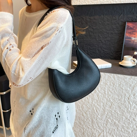 Fashion Litchi Pattern PU Leather Shoulder Bag For Women Urban Minimalist Solid Color Hobo Bag Casual Underarm Purse