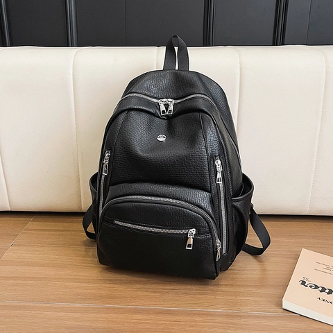 Women Fashion PU Leather Backpack Large Capacity Waterproof Lychee Texture Solid Color Casual Travel School Bag For Students