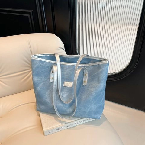 Grand Sac Cabas Femme en Cuir PU Minimaliste Texture Lavée Sac à Épaule Mode Navettage Sac à Main pour Dame
