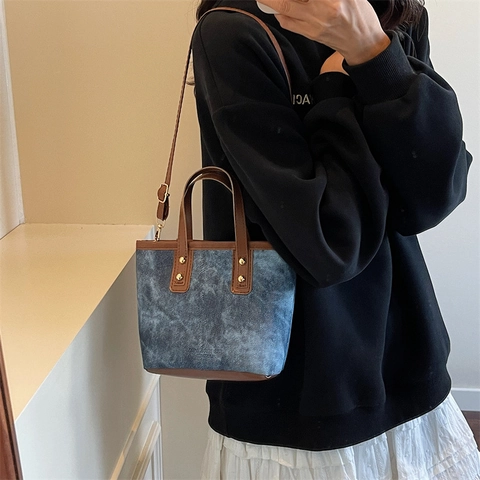 Dames Retro PU Leer Kleurblok Emmer Tas Minimalistisch Klinknagels Decor Schoudertas Casual Multi-Way Handtas Dagelijkse Crossbody