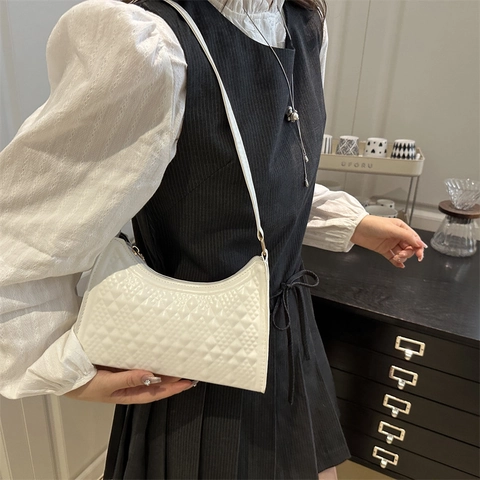Borsa Sottobraccio in Pelle PU Trapuntata da Donna Minimalista con Motivo a Rombi Borsa a Tracolla Street Style Hobo Geometrica