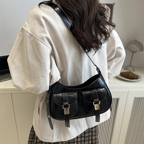 Vintage PU-Leder Achseltasche Für Damen Moto-Stil Schultertasche Mit Vielen Taschen 2025 Trendige Große Tote Alltags Tasche
