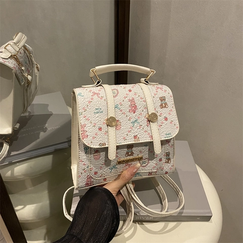 Korean Style Summer Cartoon Bear Floral Printed Mini Backpack PU Leather Versatile Small Square Shoulder Handbag For Women