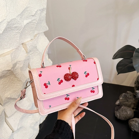 Borsa a Spalla da Donna con Stampa Ciliegia in Pelle PU Piccola Borsa Quadrata con Ciondolo a Ciliegia in Strass 3D Borsa a Mano