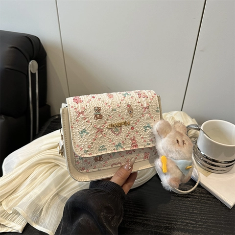 Women's Cute Cartoon Bear Print Small Square Crossbody Bag PU Leather Creamy White Shoulder Bag With Teddy Bear Rabbit Pattern
