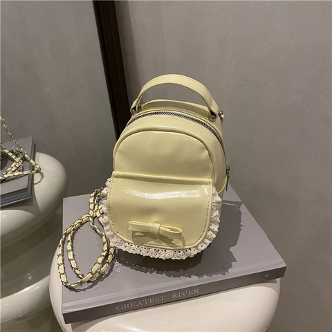 Mochila Mini para Mujer Cuero PU Lazo Dulce Ribete de Encaje Cadena de Metal Bolso de Hombro Moda Diario Casual Color Sólido