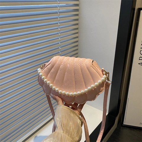 Moda Mujer Bolso Bandolera de Concha Relieve PU Cuero Bolso de Hombro Con Cadena de Perlas Artificiales Uso Diario
