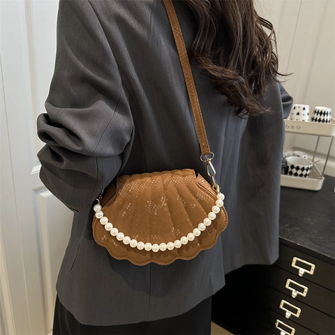 Moda Mujer Bolso Bandolera de Concha Relieve PU Cuero Bolso de Hombro Con Cadena de Perlas Artificiales Uso Diario