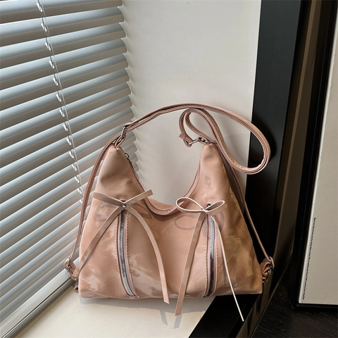Vintage Fashion Trendy Large Capacity Women Shoulder Tote Bag With Bow Ribbon And Double Zipper Decor Hobo Bag 2025 New