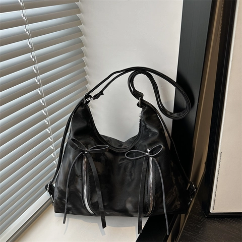 Damen Schultertasche mit Schleife Nische Koreanischer Stil Hobo Bag Trendy Doppelreißverschluss Kunstleder Einfarbige Tragetasche
