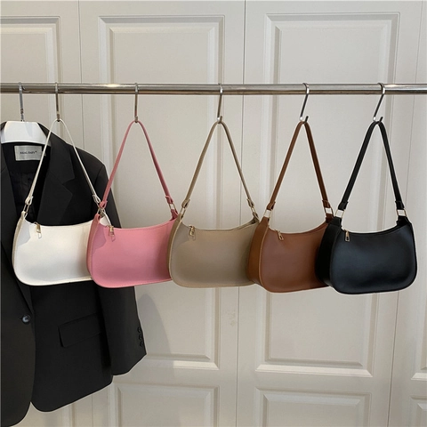 Bolso de Axila de Cuero PU Vintage para Mujer Bolso de Hombro Minimalista Color Sólido Cremallera Bolso Hobo Media Luna