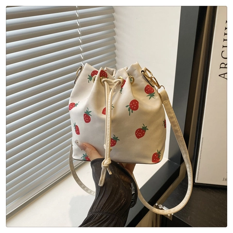 Women Casual Nylon Drawstring Bucket Bag Large Capacity Strawberry Butterfly Print Fashion Shoulder Crossbody Handbag