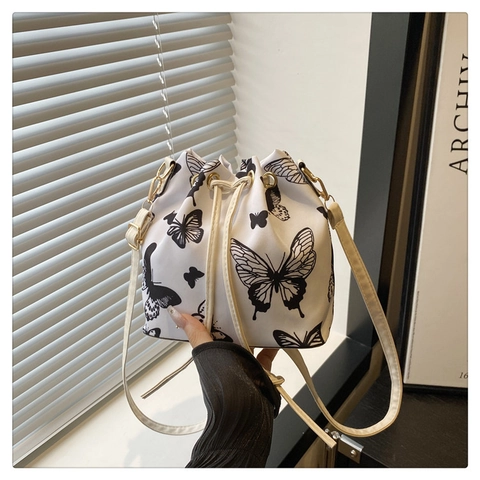 Women Casual Nylon Drawstring Bucket Bag Large Capacity Strawberry Butterfly Print Fashion Shoulder Crossbody Handbag